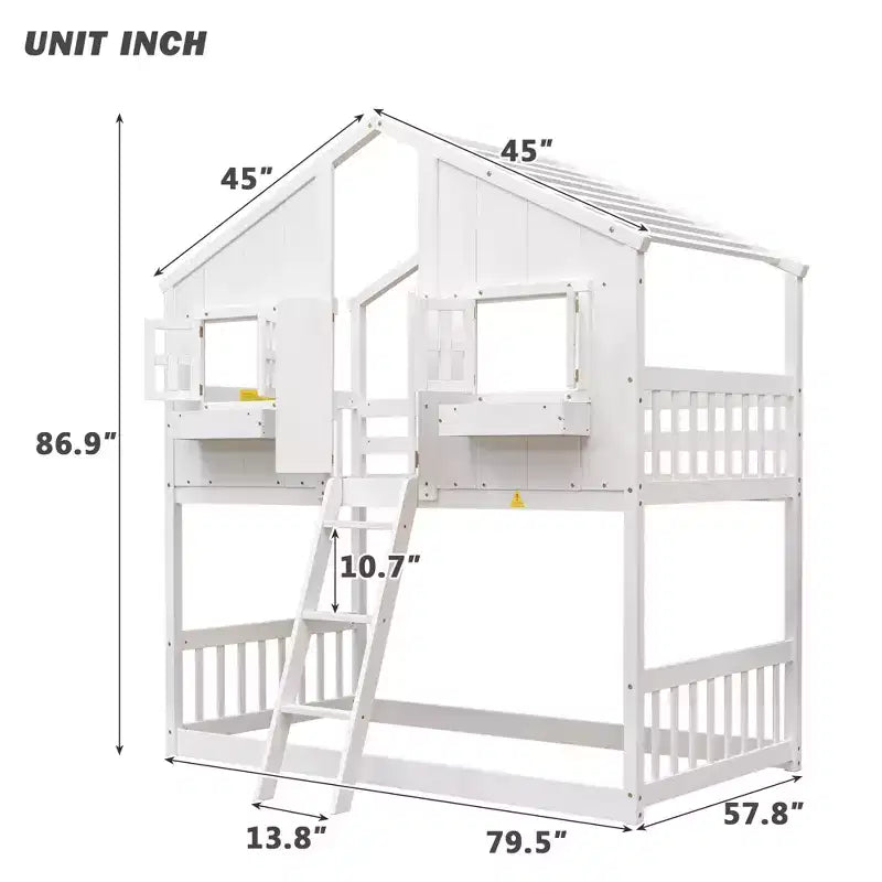 House Shaped Bunk Bed Twin over Twin with Roof and Windows for Kids, Wood Floor Bunk Bed Frame with Door, Ladder and Guardrail
