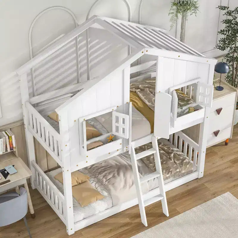 House Shaped Bunk Bed Twin over Twin with Roof and Windows for Kids, Wood Floor Bunk Bed Frame with Door, Ladder and Guardrail
