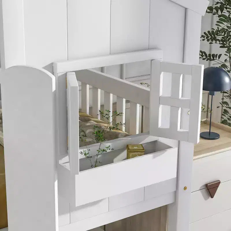 House Shaped Bunk Bed Twin over Twin with Roof and Windows for Kids, Wood Floor Bunk Bed Frame with Door, Ladder and Guardrail