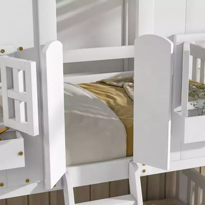 House Shaped Bunk Bed Twin over Twin with Roof and Windows for Kids, Wood Floor Bunk Bed Frame with Door, Ladder and Guardrail