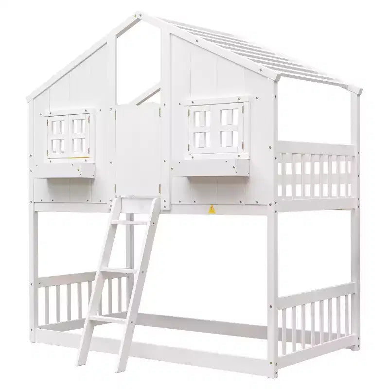 House Shaped Bunk Bed Twin over Twin with Roof and Windows for Kids, Wood Floor Bunk Bed Frame with Door, Ladder and Guardrail