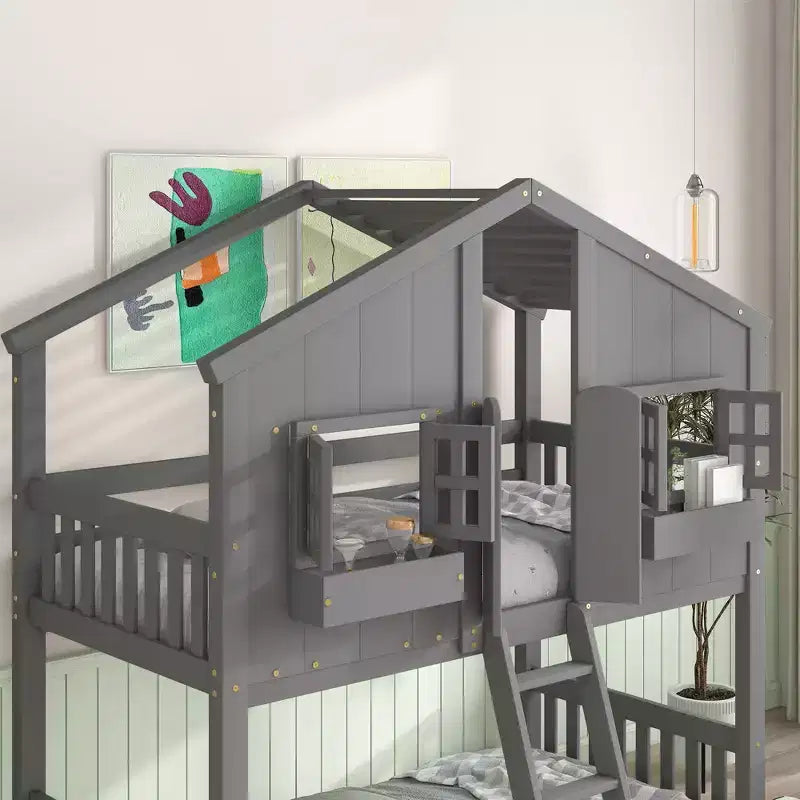 House Shaped Bunk Bed Twin over Twin with Roof and Windows for Kids, Wood Floor Bunk Bed Frame with Door, Ladder and Guardrail