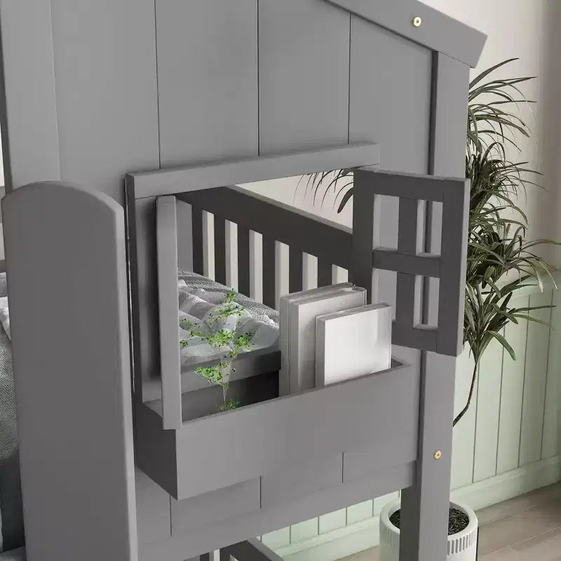 House Shaped Bunk Bed Twin over Twin with Roof and Windows for Kids, Wood Floor Bunk Bed Frame with Door, Ladder and Guardrail
