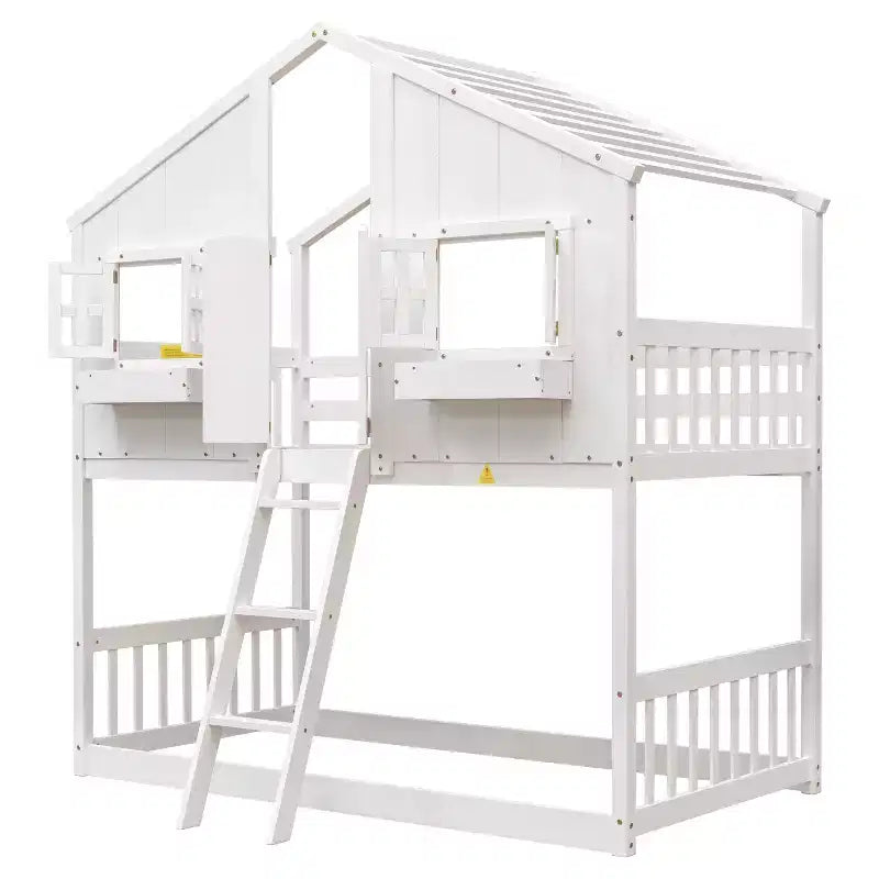 House Shaped Bunk Bed Twin over Twin with Roof and Windows for Kids, Wood Floor Bunk Bed Frame with Door, Ladder and Guardrail