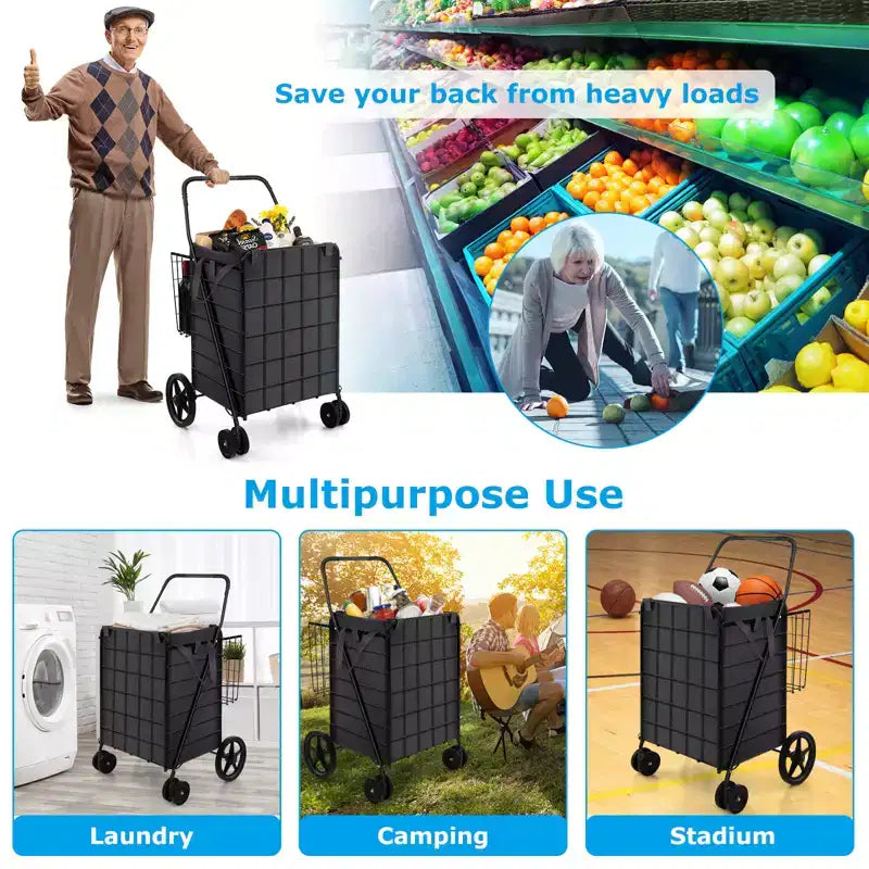 Gymax Collapsible Utility Shopping Cart with Dual Baskets and Water-Resistant Liner