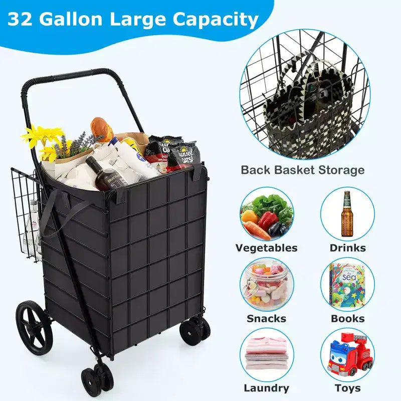 Gymax Collapsible Utility Shopping Cart with Dual Baskets and Water-Resistant Liner