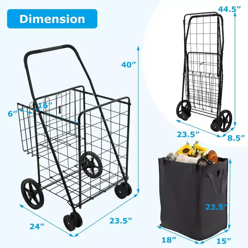 Gymax Collapsible Utility Shopping Cart with Dual Baskets and Water-Resistant Liner