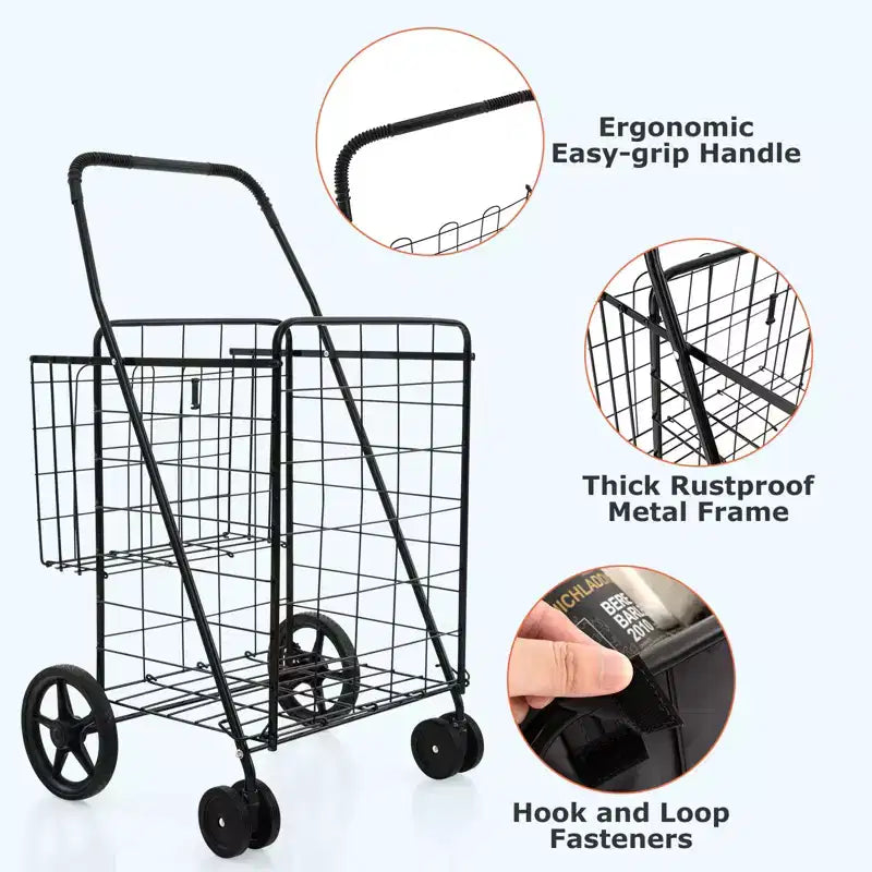 Gymax Collapsible Utility Shopping Cart with Dual Baskets and Water-Resistant Liner