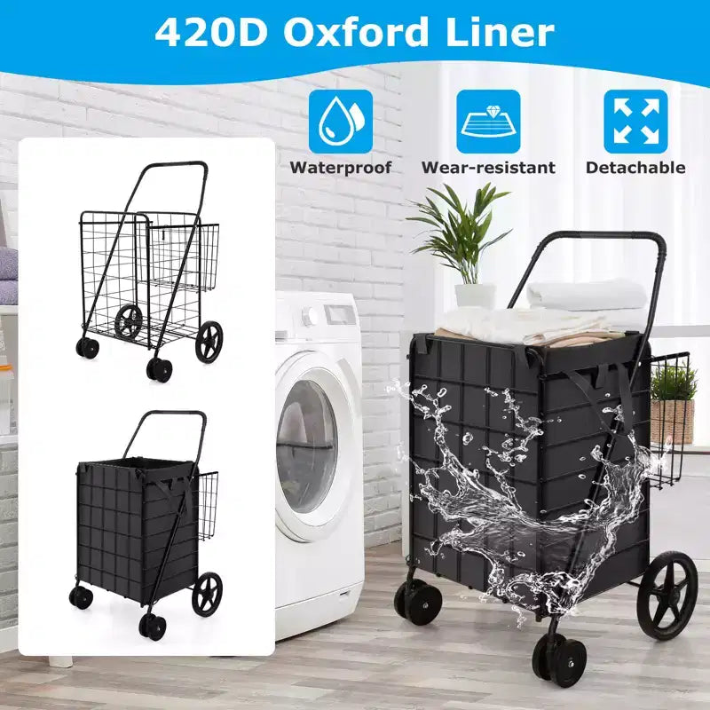 Gymax Collapsible Utility Shopping Cart with Dual Baskets and Water-Resistant Liner
