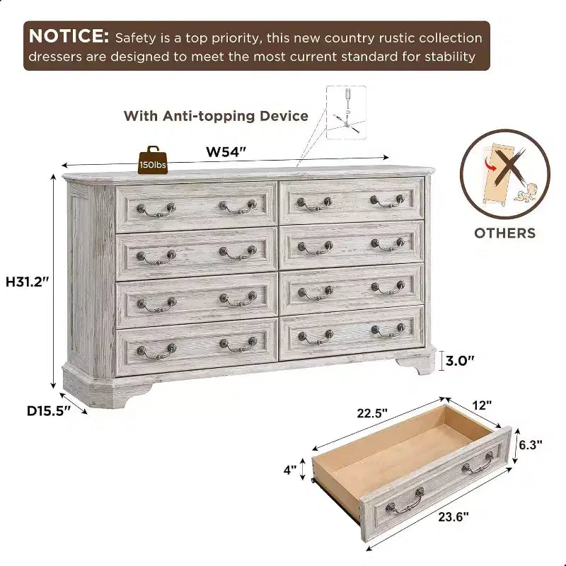 BALHAM TRADE-54 Wide Farmhouse 8 Drawers Wood Rustic Dresser with Natural Texture Vintage Design