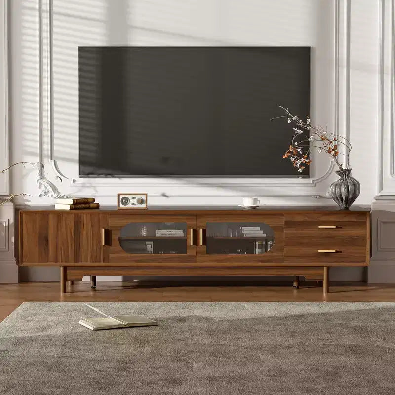 GDFStudio Petty Modern 78 TV Cabinet with Fluted Glass Doors. 2 Drawers and Shelves
