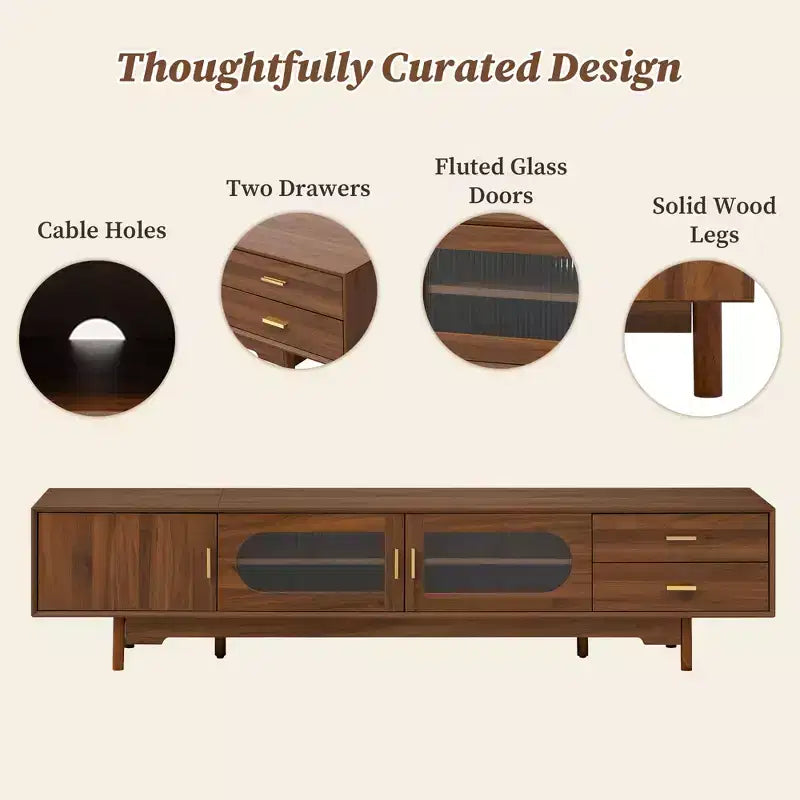 GDFStudio Petty Modern 78 TV Cabinet with Fluted Glass Doors. 2 Drawers and Shelves