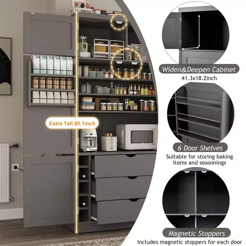 Whisen 80.1'' Tall Freestanding Kitchen Pantry, Buffets, Large Storage Cabinet Cupboard