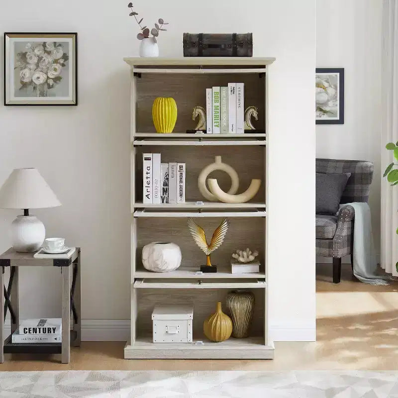 4-Tier Barrister Bookcase with Flip-Up Glass Doors, 63 Tall Display Cabinet for Collectibles, Figures - Panipeachy