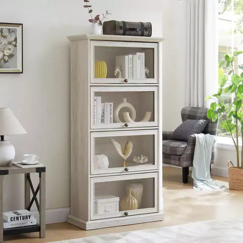 4-Tier Barrister Bookcase with Flip-Up Glass Doors, 63 Tall Display Cabinet for Collectibles, Figures - Panipeachy