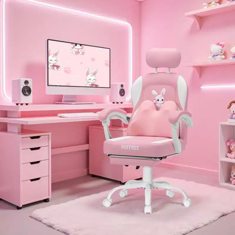HOFFREE Kids Bunny Gaming Chair with Massage Pillow & Footrest, Adjustable & Ergonomic, Cute Kawaii Design for Ages 814