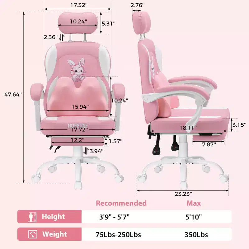 HOFFREE Kids Bunny Gaming Chair with Massage Pillow & Footrest, Adjustable & Ergonomic, Cute Kawaii Design for Ages 814
