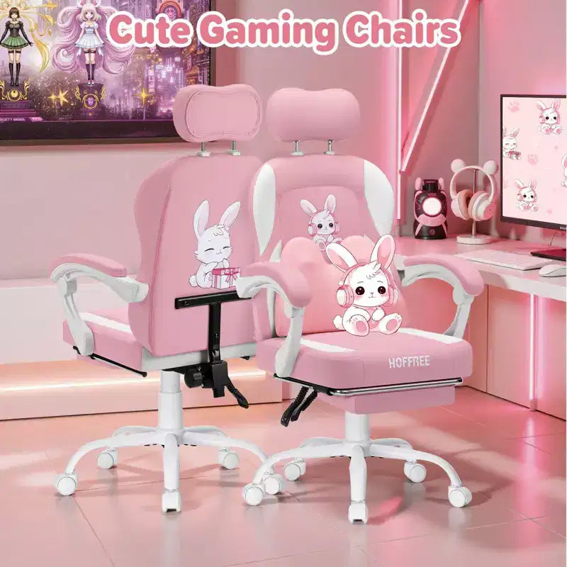 HOFFREE Kids Bunny Gaming Chair with Massage Pillow & Footrest, Adjustable & Ergonomic, Cute Kawaii Design for Ages 814