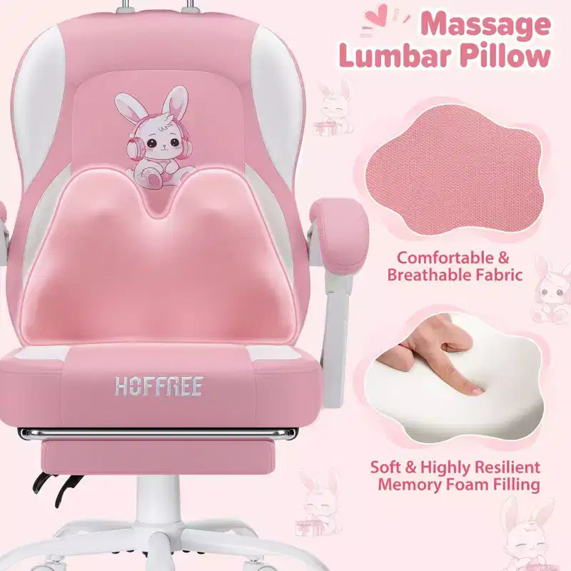 HOFFREE Kids Bunny Gaming Chair with Massage Pillow & Footrest, Adjustable & Ergonomic, Cute Kawaii Design for Ages 814