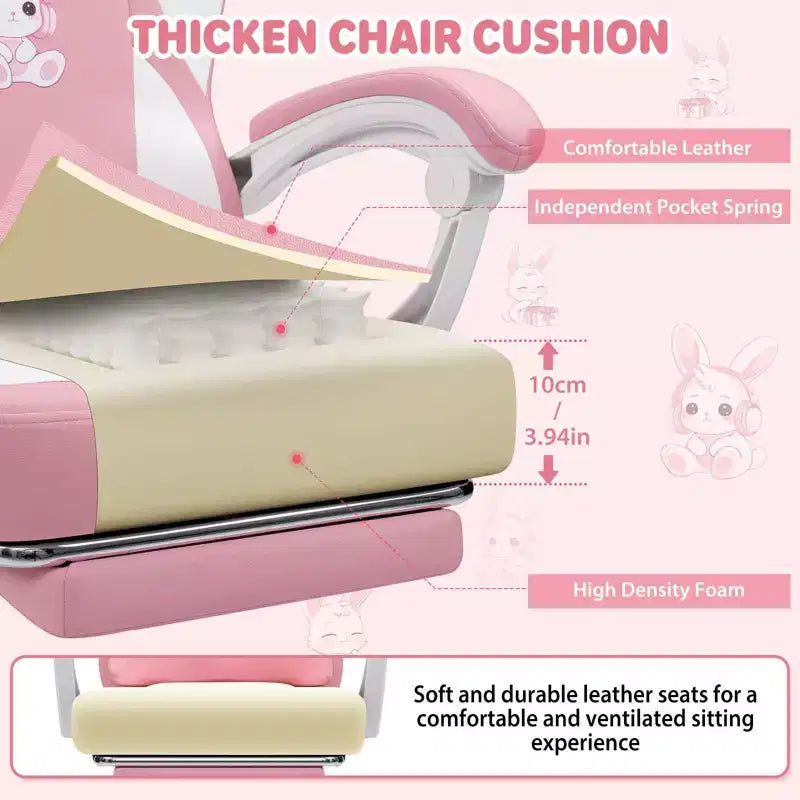 HOFFREE Kids Bunny Gaming Chair with Massage Pillow & Footrest, Adjustable & Ergonomic, Cute Kawaii Design for Ages 814