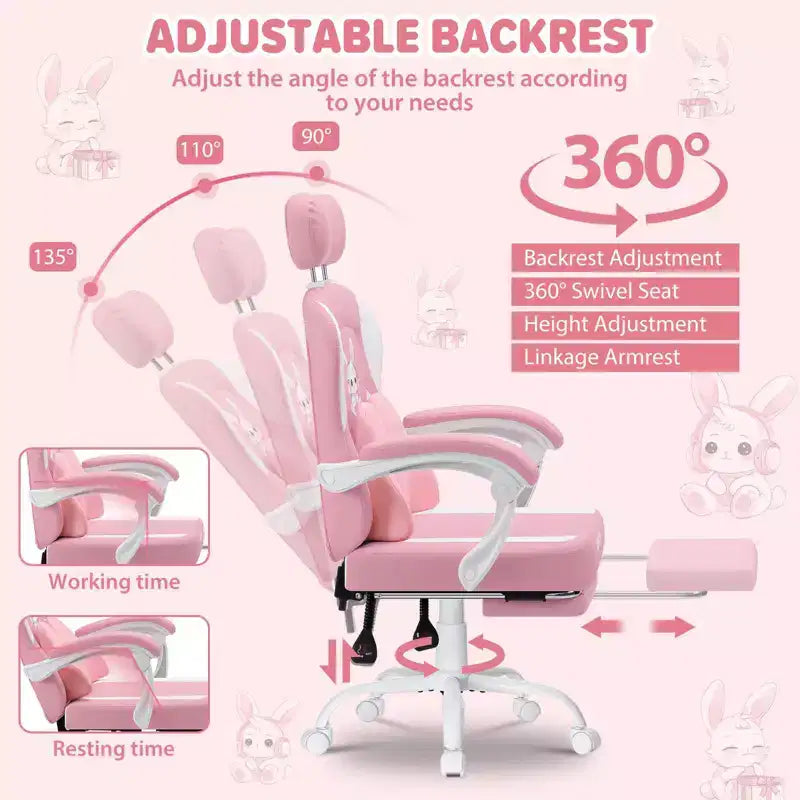 HOFFREE Kids Bunny Gaming Chair with Massage Pillow & Footrest, Adjustable & Ergonomic, Cute Kawaii Design for Ages 814