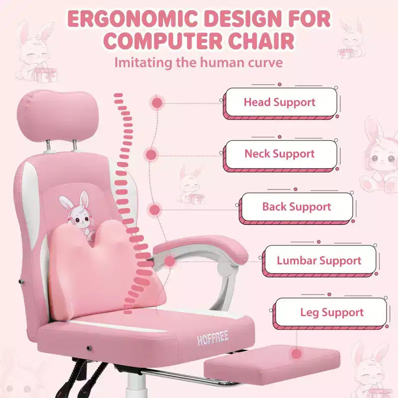 HOFFREE Kids Bunny Gaming Chair with Massage Pillow & Footrest, Adjustable & Ergonomic, Cute Kawaii Design for Ages 814