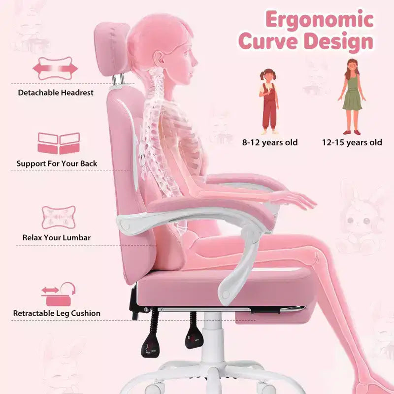 HOFFREE Kids Bunny Gaming Chair with Massage Pillow & Footrest, Adjustable & Ergonomic, Cute Kawaii Design for Ages 814