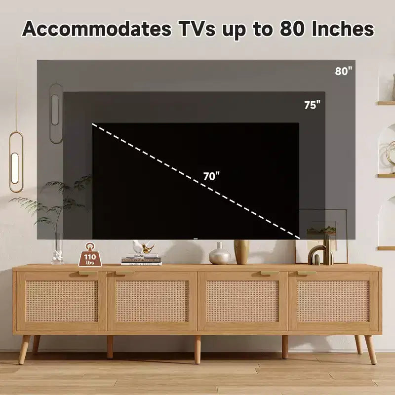 GDFStudio Primo 70 Boho TV Stand for 80 TVs, with Rattan Doors & Cable Hole