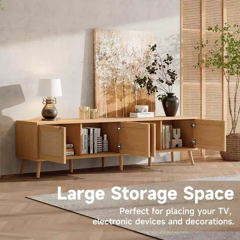 GDFStudio Primo 70 Boho TV Stand for 80 TVs, with Rattan Doors & Cable Hole