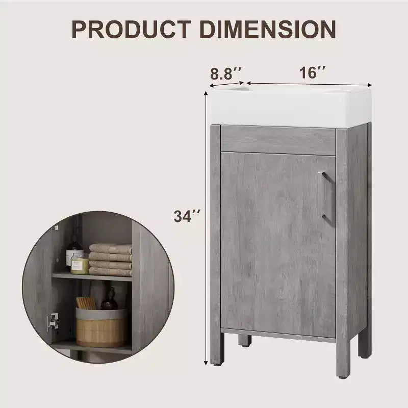 16 Bathroom Vanity with Sink & Soft-Closing Door - Compact Storage Cabinet for Powder Room Small Bath