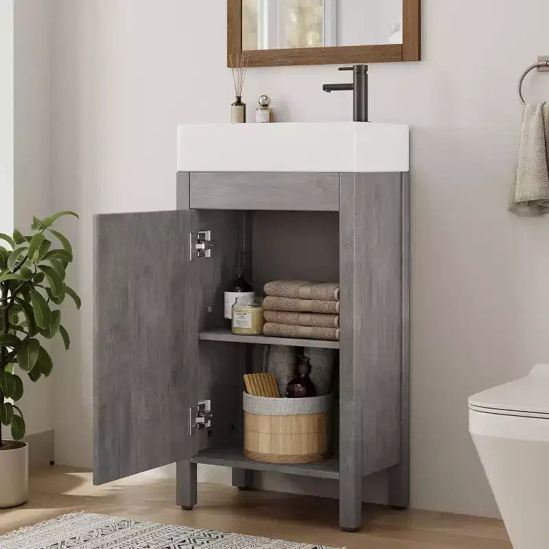 16 Bathroom Vanity with Sink & Soft-Closing Door - Compact Storage Cabinet for Powder Room Small Bath