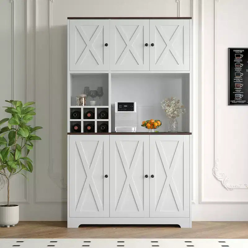 71 Tall White Kitchen Pantry Cabinet Hutch with Charging Station, Farmhouse Freestanding Cupboard with Microwave Stand & Drawers & Wine Bar Storage