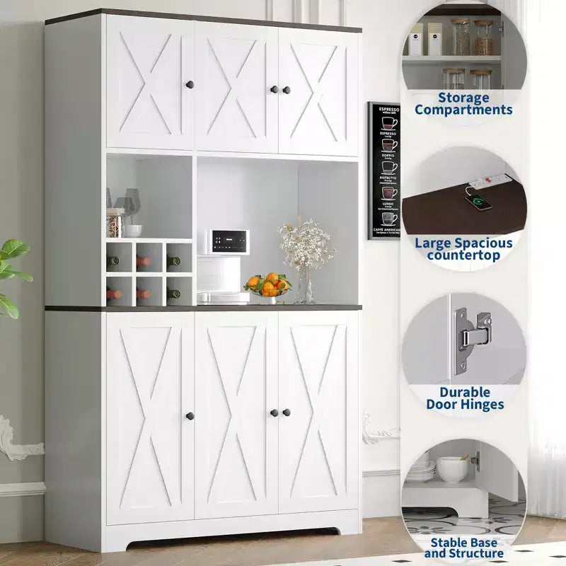 71 Tall White Kitchen Pantry Cabinet Hutch with Charging Station, Farmhouse Freestanding Cupboard with Microwave Stand & Drawers & Wine Bar Storage