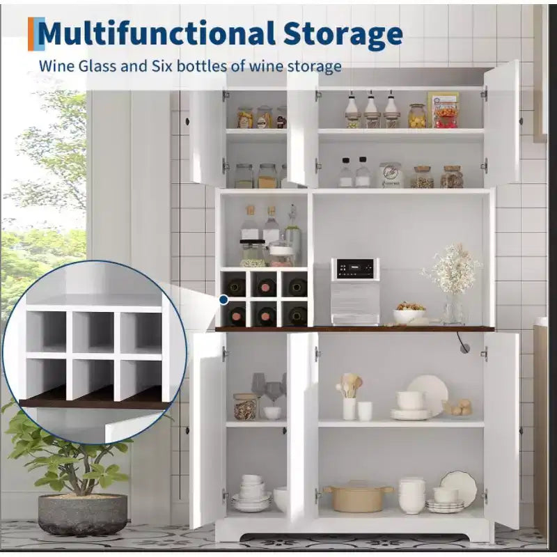 71 Tall White Kitchen Pantry Cabinet Hutch with Charging Station, Farmhouse Freestanding Cupboard with Microwave Stand & Drawers & Wine Bar Storage
