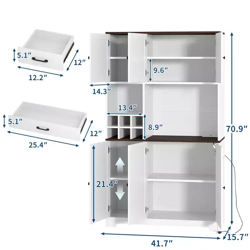 71 Tall White Kitchen Pantry Cabinet Hutch with Charging Station, Farmhouse Freestanding Cupboard with Microwave Stand & Drawers & Wine Bar Storage