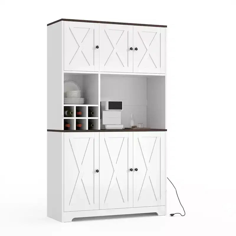 71 Tall White Kitchen Pantry Cabinet Hutch with Charging Station, Farmhouse Freestanding Cupboard with Microwave Stand & Drawers & Wine Bar Storage