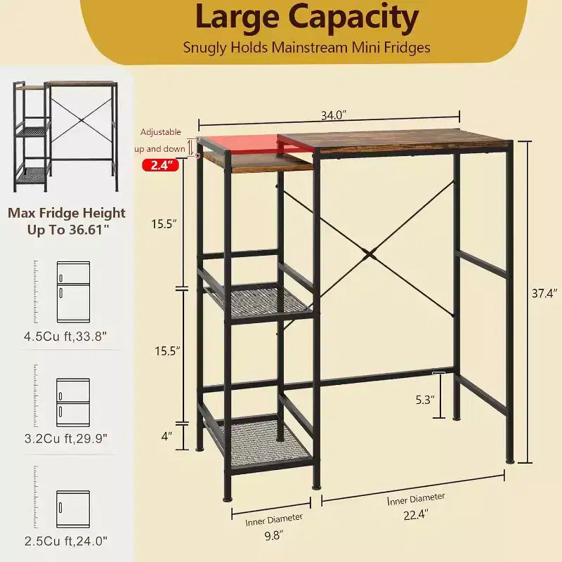 Space-Saving Mini Fridge Stand with Adjustable Shelf  Coffee Bar Microwave Storage Cart  Perfect for Small Apartments & Dorms