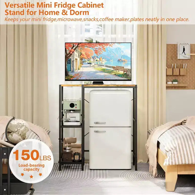 Space-Saving Mini Fridge Stand with Adjustable Shelf  Coffee Bar Microwave Storage Cart  Perfect for Small Apartments & Dorms