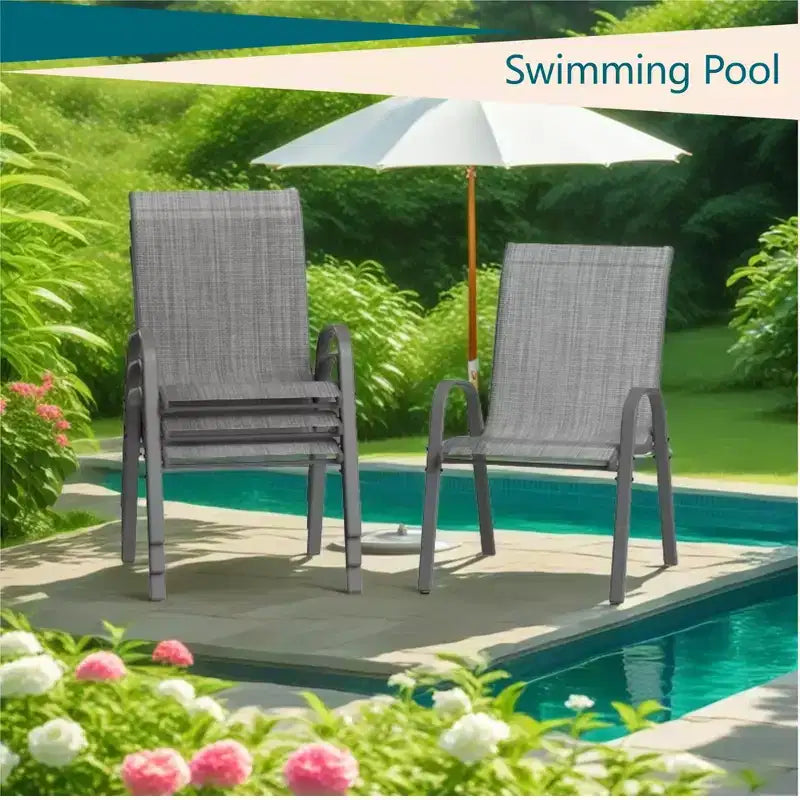 Set of 4 Outdoor Stackable Dining Chairs, High-Back Patio Chairs with Textilene Fabric, All-Weather Metal Frame for Deck, Lawn, Garden, Grey