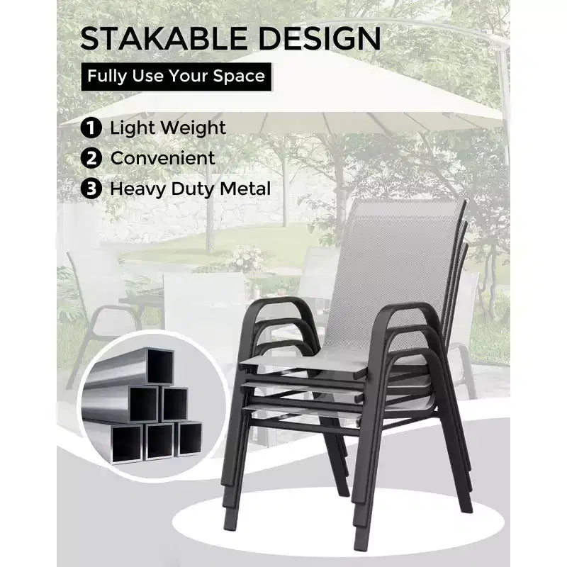 Set of 4 Outdoor Stackable Dining Chairs, High-Back Patio Chairs with Textilene Fabric, All-Weather Metal Frame for Deck, Lawn, Garden, Grey