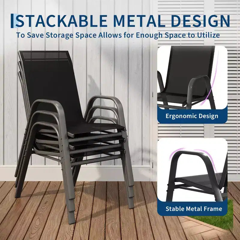Set of 4 Outdoor Stackable Dining Chairs, High-Back Patio Chairs with Textilene Fabric, All-Weather Metal Frame for Deck, Lawn, Garden, Grey