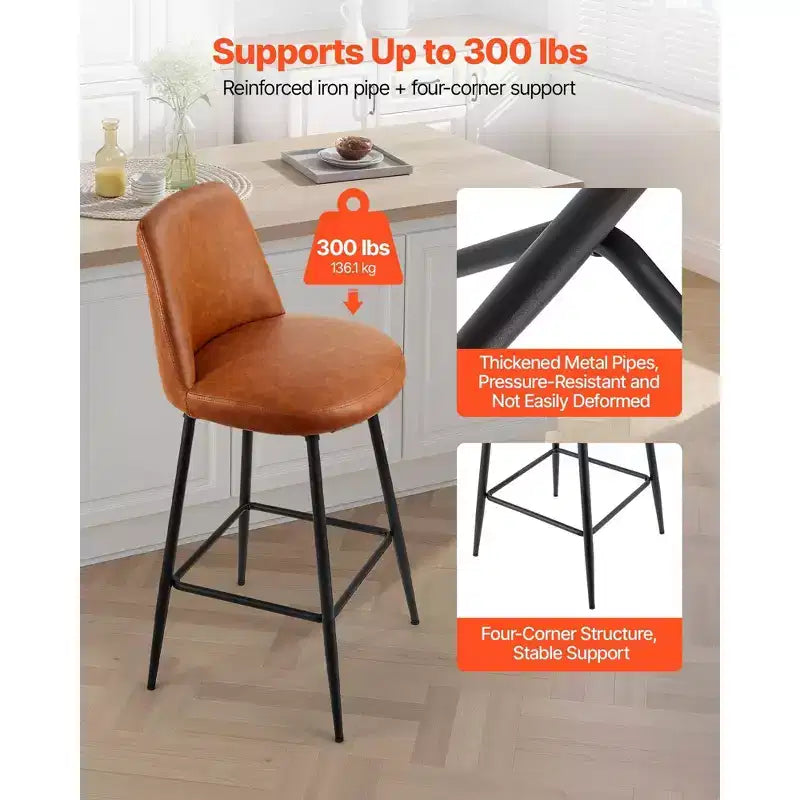 Bar Stool Set of 2, 27 Inch Counter Height Swivel Stools, PU Leather Barstools with Backrest & Metal Legs, Brown