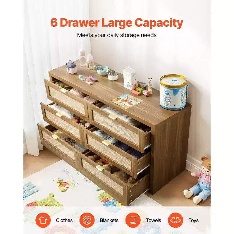 6-Drawer Rattan Double Dresser with Metal Handles Storage Cabinet for Bedroom Walnut