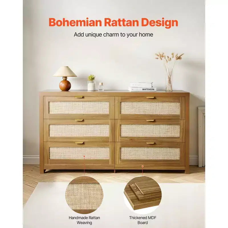 6-Drawer Rattan Double Dresser with Metal Handles Storage Cabinet for Bedroom Walnut