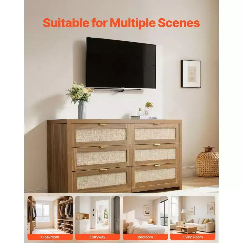 6-Drawer Rattan Double Dresser with Metal Handles Storage Cabinet for Bedroom Walnut
