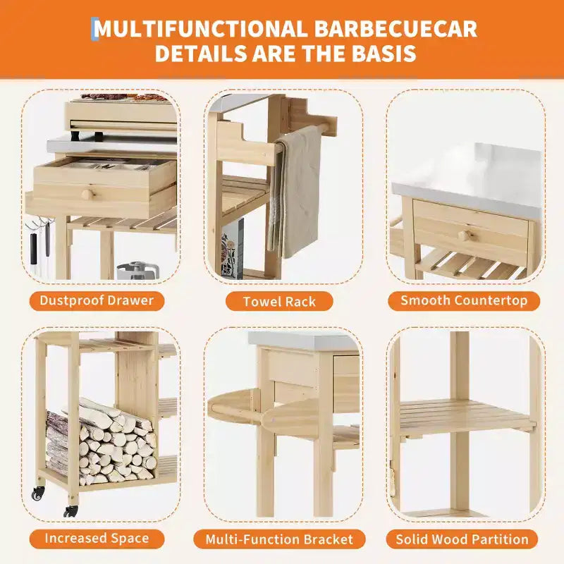 Outdoor Grill Cart for Patio, Garden  Sturdy Wood Frame, Stainless Steel Top, Storage Drawer, Open Shelves, Rolling Kitchen Island with Towel Racks
