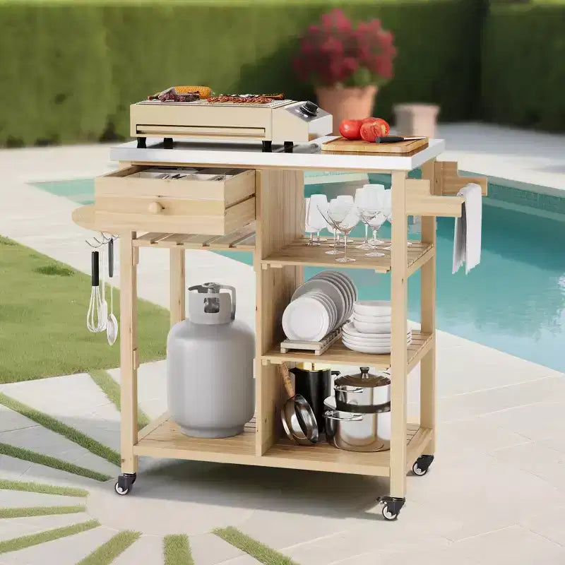 Outdoor Grill Cart for Patio, Garden  Sturdy Wood Frame, Stainless Steel Top, Storage Drawer, Open Shelves, Rolling Kitchen Island with Towel Racks