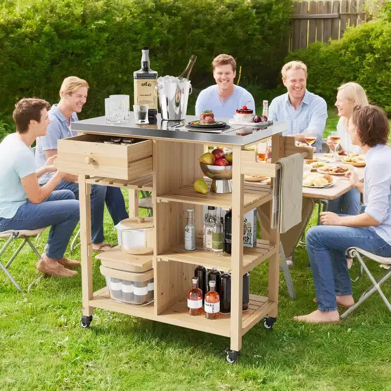 Outdoor Grill Cart for Patio, Garden  Sturdy Wood Frame, Stainless Steel Top, Storage Drawer, Open Shelves, Rolling Kitchen Island with Towel Racks