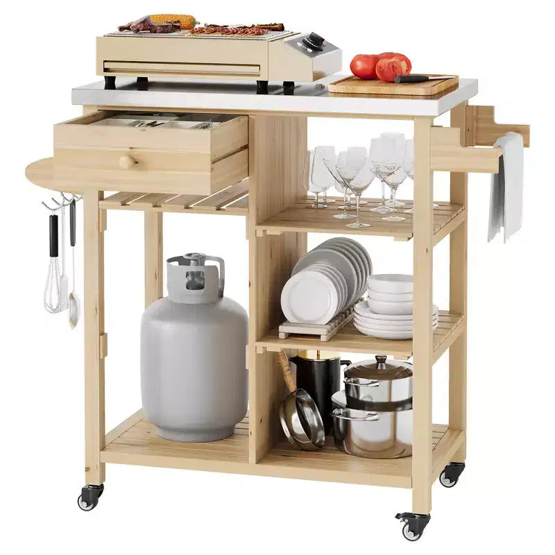 Outdoor Grill Cart for Patio, Garden  Sturdy Wood Frame, Stainless Steel Top, Storage Drawer, Open Shelves, Rolling Kitchen Island with Towel Racks