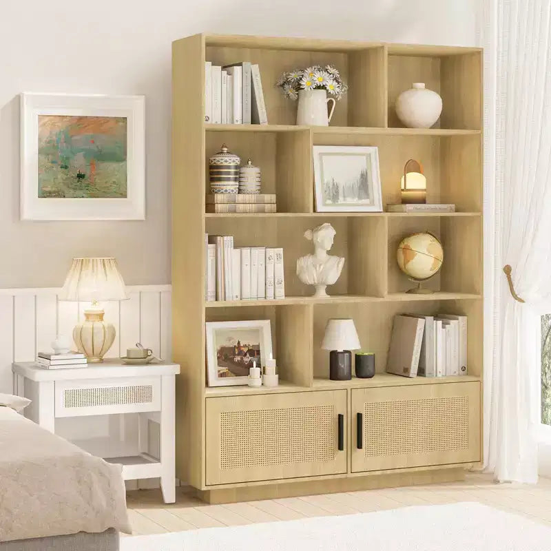 5 Tier Rattan Bookshelf with Storage Cabinet & Door, Tall Industrial Book Shelf with Storage, 5 Shelf Bookcase for Living Room, Bedroom